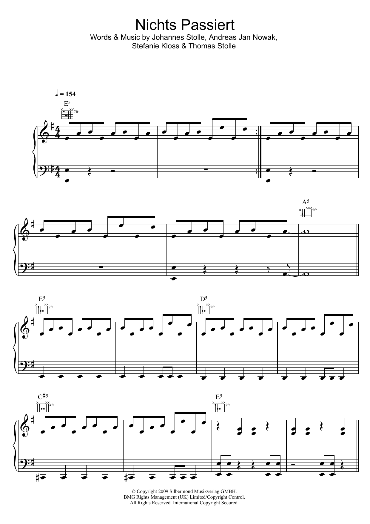 Silbermond Nichts Passiert Sheet Music Notes & Chords for Piano, Vocal & Guitar (Right-Hand Melody) - Download or Print PDF