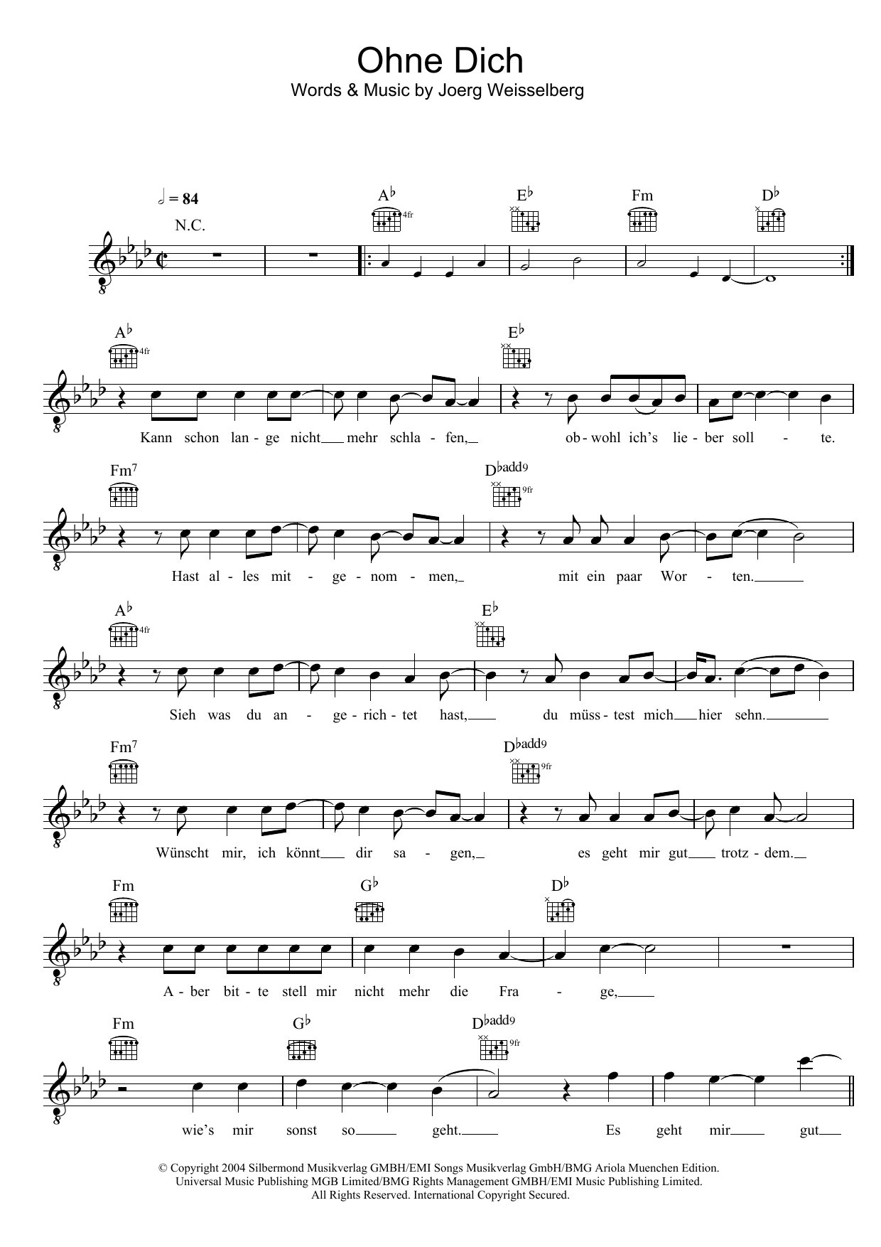 Silbermond Ohne Dich Sheet Music Notes & Chords for Melody Line, Lyrics & Chords - Download or Print PDF