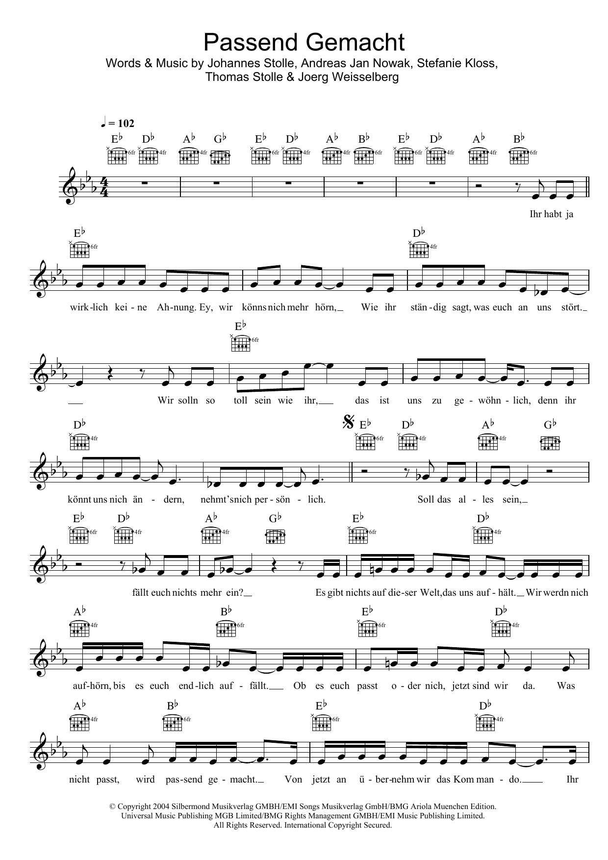 Silbermond Passend Gemacht Sheet Music Notes & Chords for Melody Line, Lyrics & Chords - Download or Print PDF