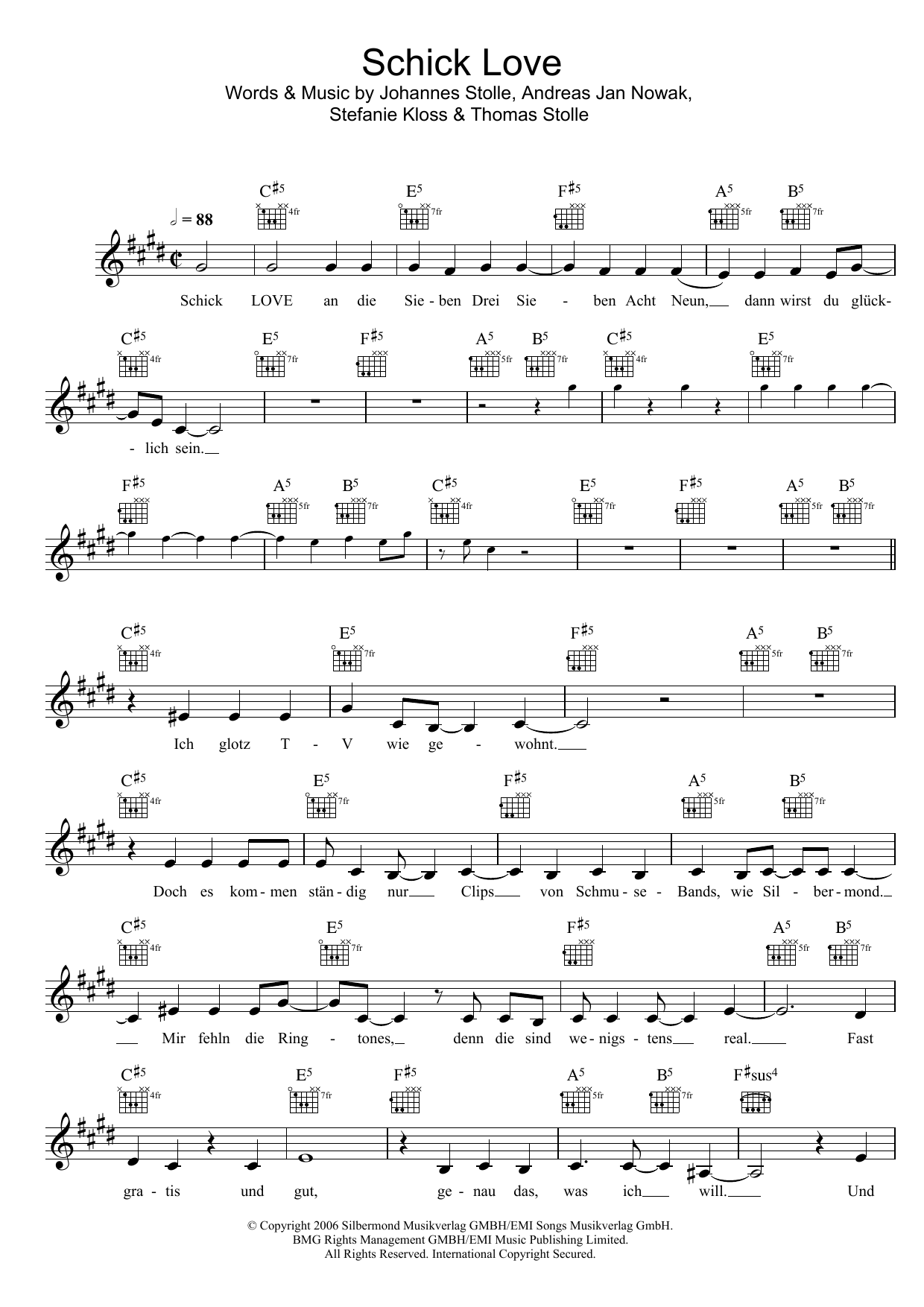 Silbermond Schick Love Sheet Music Notes & Chords for Melody Line, Lyrics & Chords - Download or Print PDF