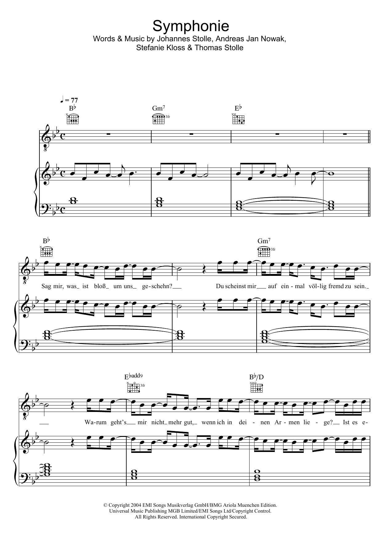 Silbermond Symphonie Sheet Music Notes & Chords for Piano, Vocal & Guitar (Right-Hand Melody) - Download or Print PDF