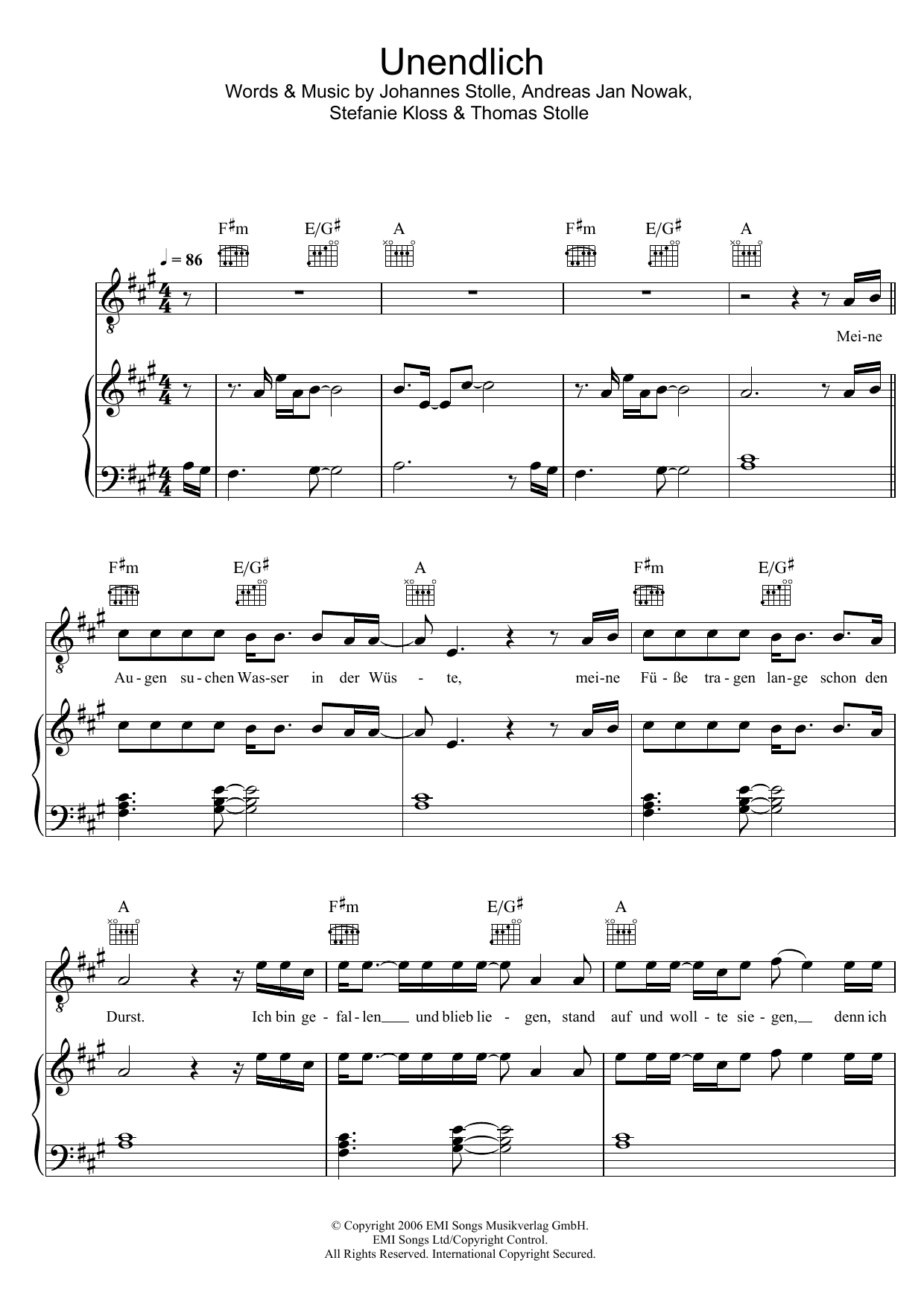 Silbermond Unendlich Sheet Music Notes & Chords for Piano, Vocal & Guitar (Right-Hand Melody) - Download or Print PDF