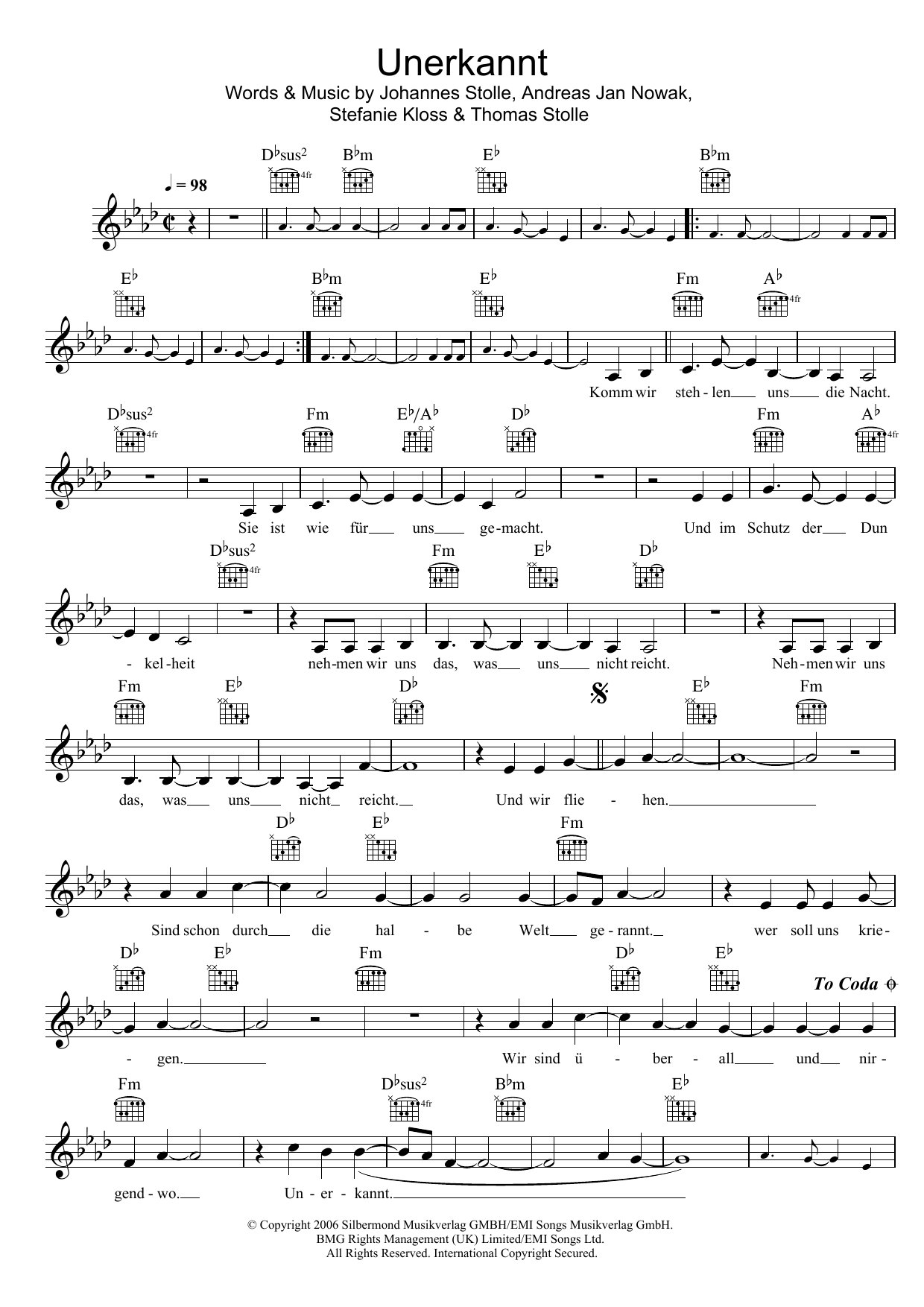 Silbermond Unerkannt Sheet Music Notes & Chords for Melody Line, Lyrics & Chords - Download or Print PDF