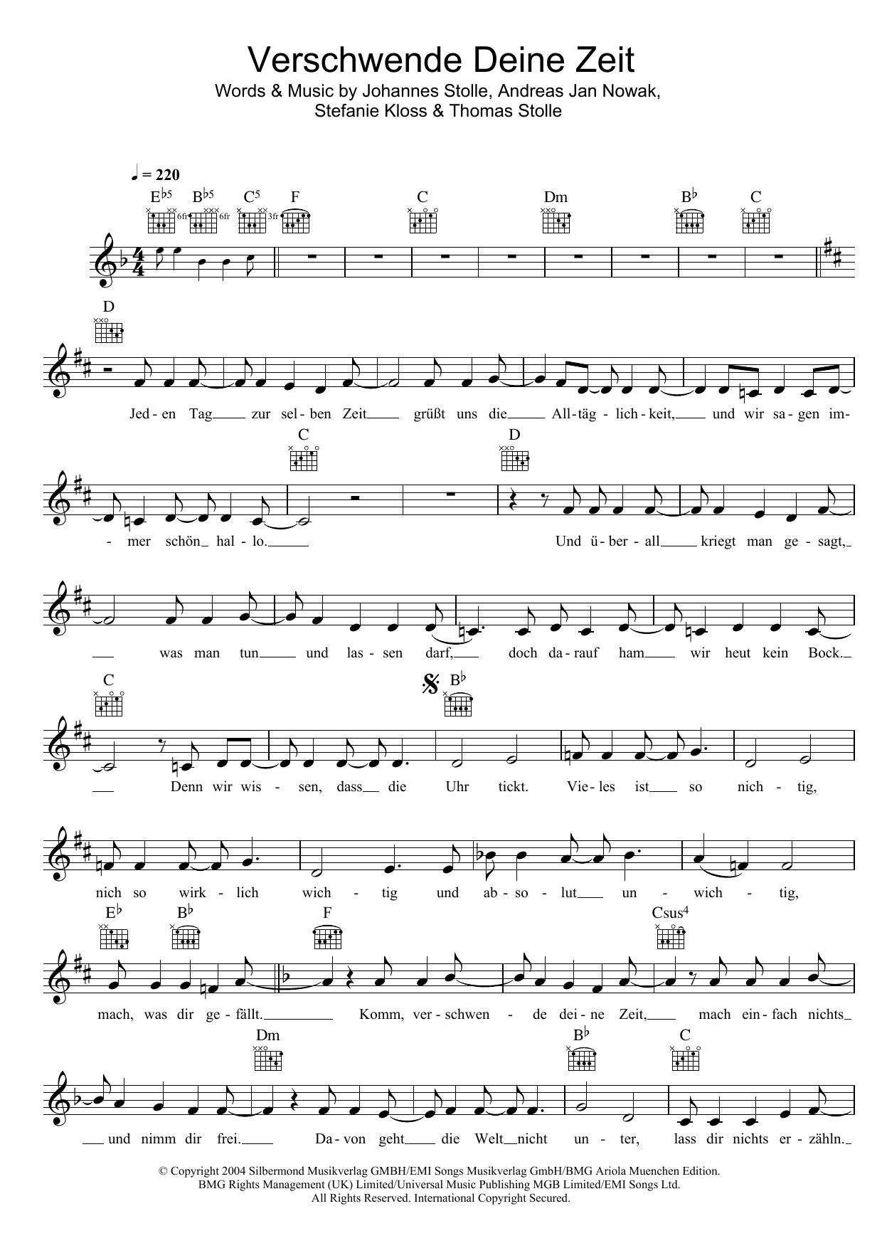 Silbermond Verschwende Deine Zeit Sheet Music Notes & Chords for Melody Line, Lyrics & Chords - Download or Print PDF