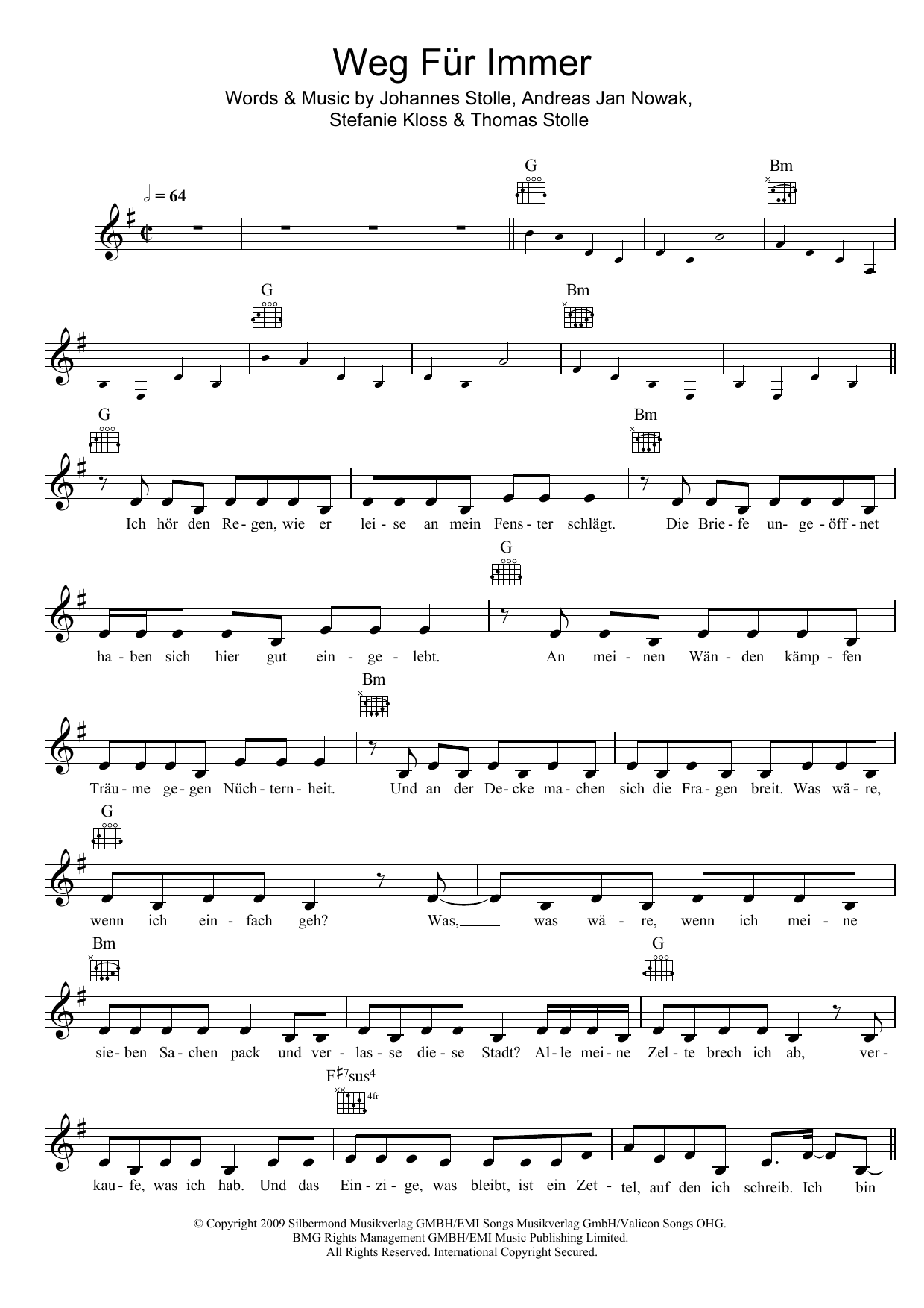 Silbermond Weg Für Immer Sheet Music Notes & Chords for Melody Line, Lyrics & Chords - Download or Print PDF