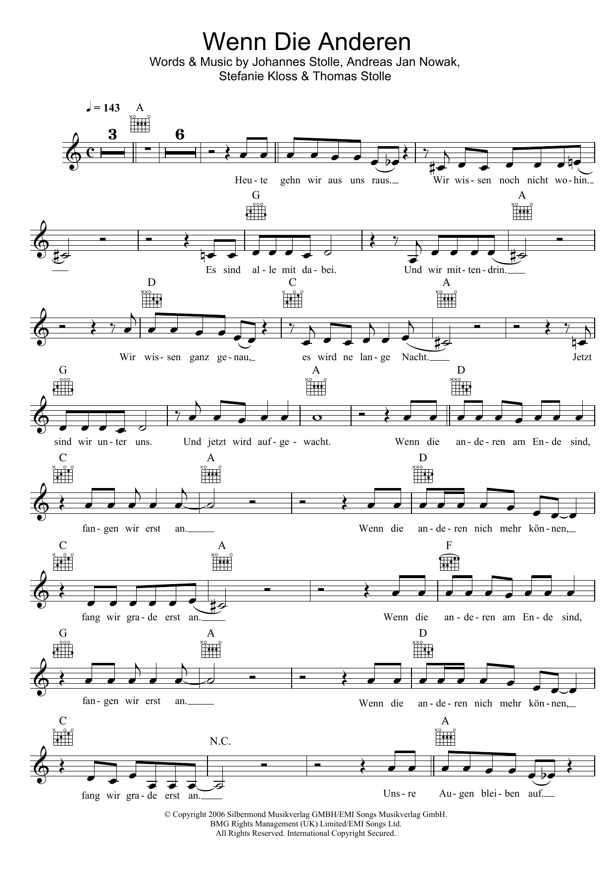 Silbermond Wenn Die Anderen Sheet Music Notes & Chords for Melody Line, Lyrics & Chords - Download or Print PDF