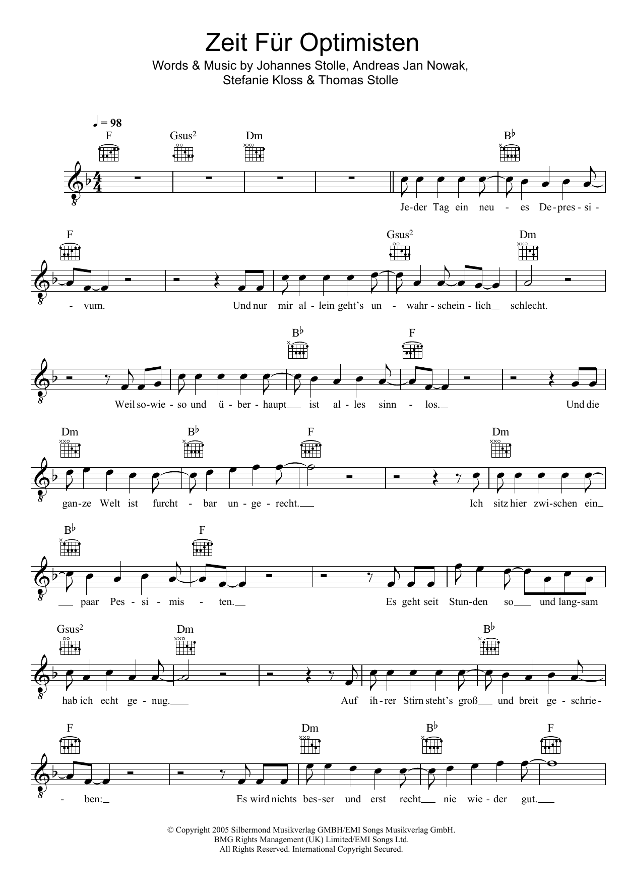 Silbermond Zeit Für Optimisten Sheet Music Notes & Chords for Melody Line, Lyrics & Chords - Download or Print PDF