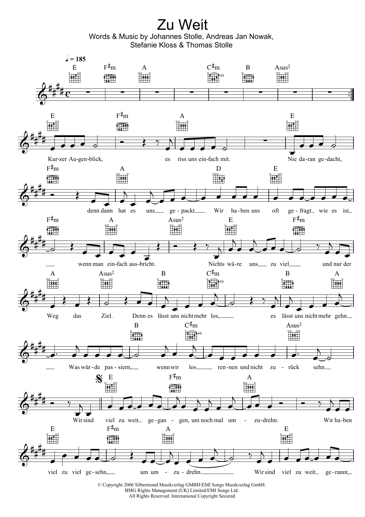 Silbermond Zu Weit Sheet Music Notes & Chords for Melody Line, Lyrics & Chords - Download or Print PDF
