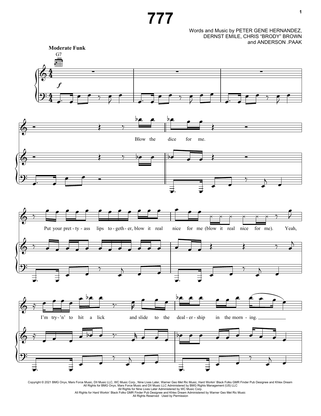 Silk Sonic 777 Sheet Music Notes & Chords for Piano, Vocal & Guitar Chords (Right-Hand Melody) - Download or Print PDF