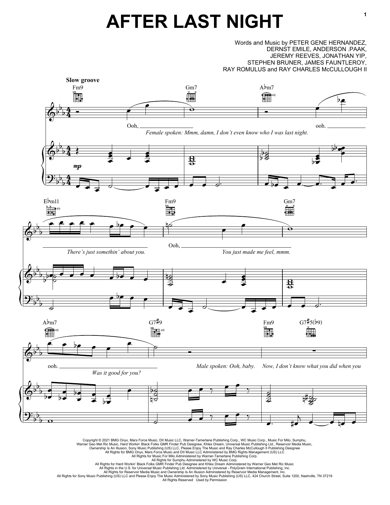 Silk Sonic After Last Night Sheet Music Notes & Chords for Piano, Vocal & Guitar Chords (Right-Hand Melody) - Download or Print PDF