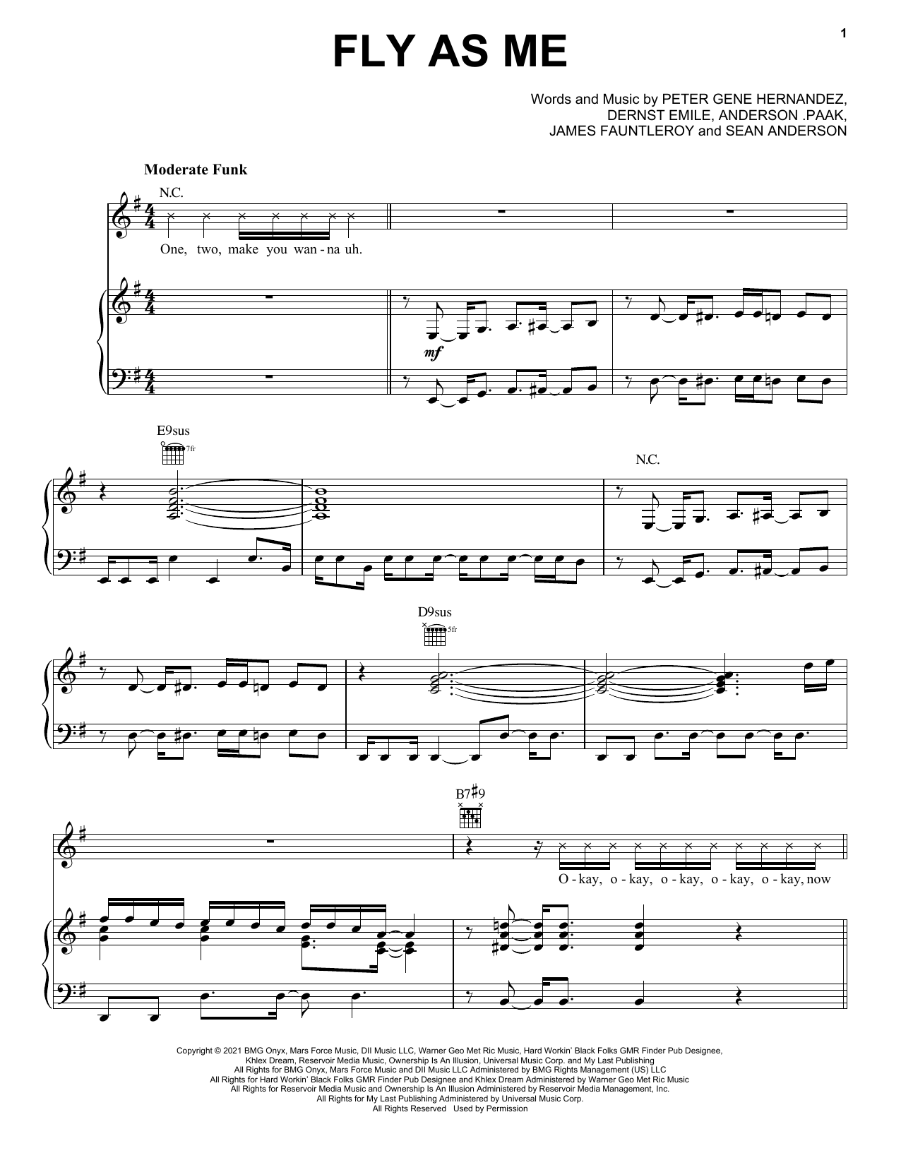 Silk Sonic Fly As Me Sheet Music Notes & Chords for Piano, Vocal & Guitar Chords (Right-Hand Melody) - Download or Print PDF