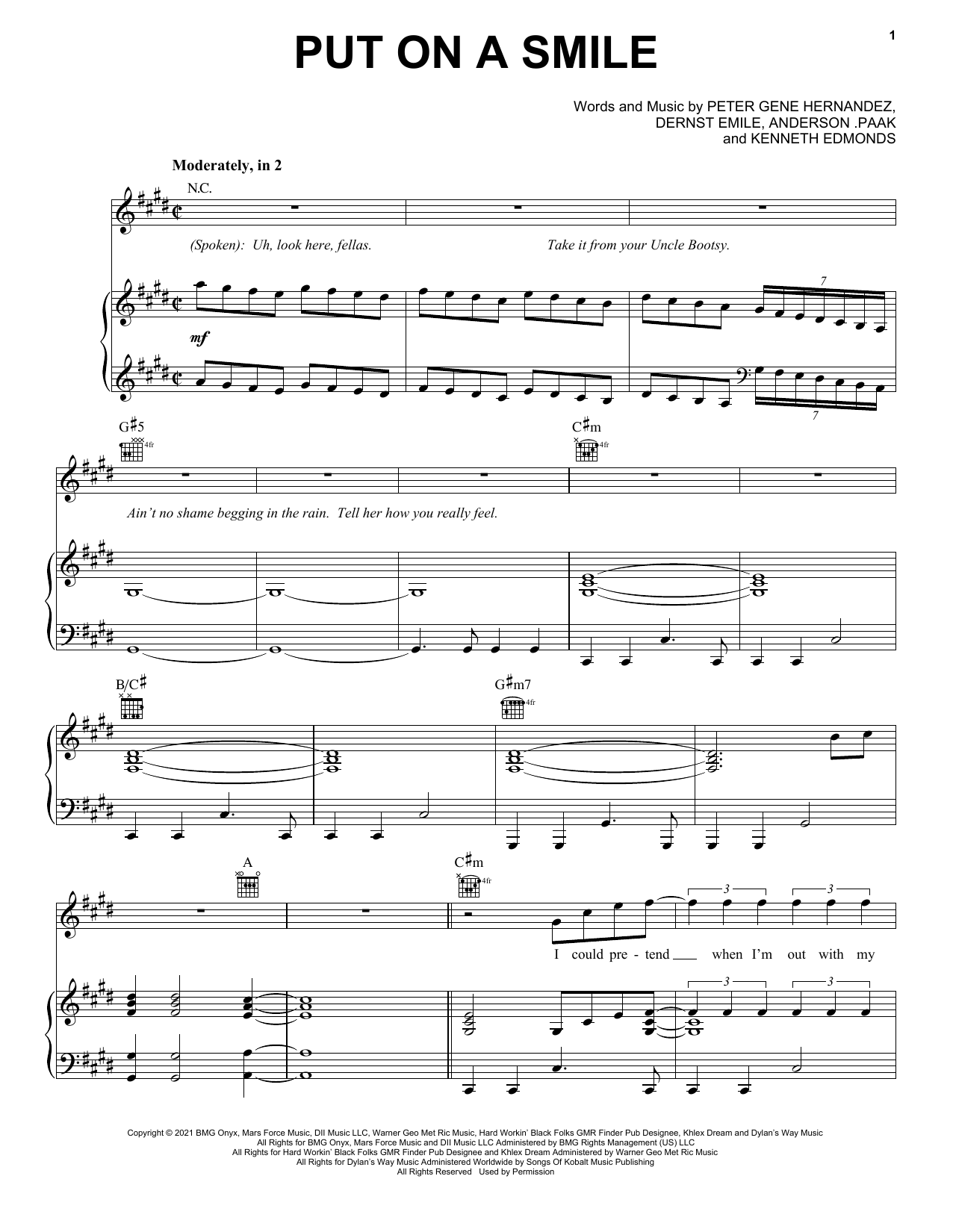 Silk Sonic Put On A Smile Sheet Music Notes & Chords for Piano, Vocal & Guitar Chords (Right-Hand Melody) - Download or Print PDF