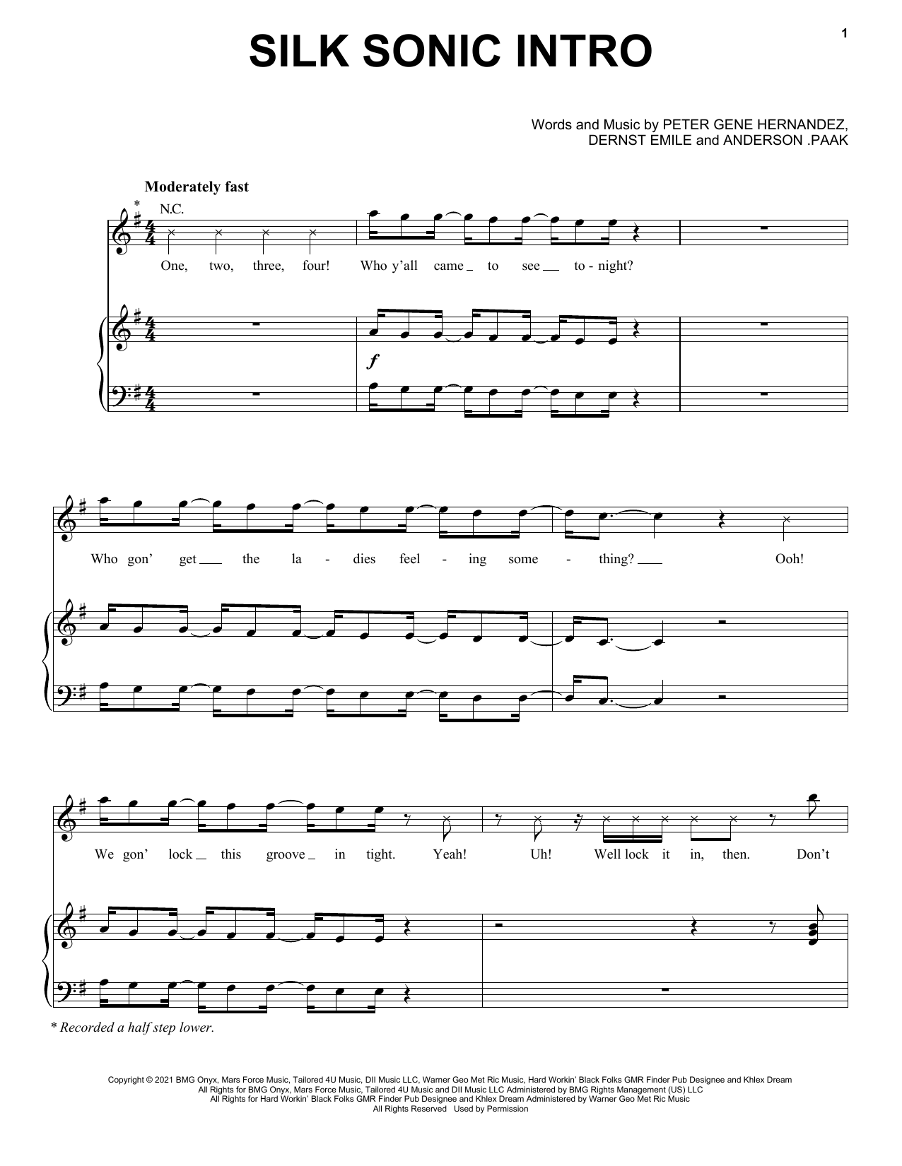 Silk Sonic Silk Sonic Intro Sheet Music Notes & Chords for Piano, Vocal & Guitar Chords (Right-Hand Melody) - Download or Print PDF