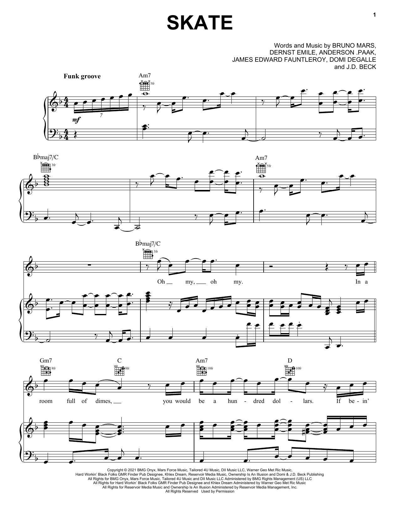 Silk Sonic Skate Sheet Music Notes & Chords for Piano, Vocal & Guitar Chords (Right-Hand Melody) - Download or Print PDF
