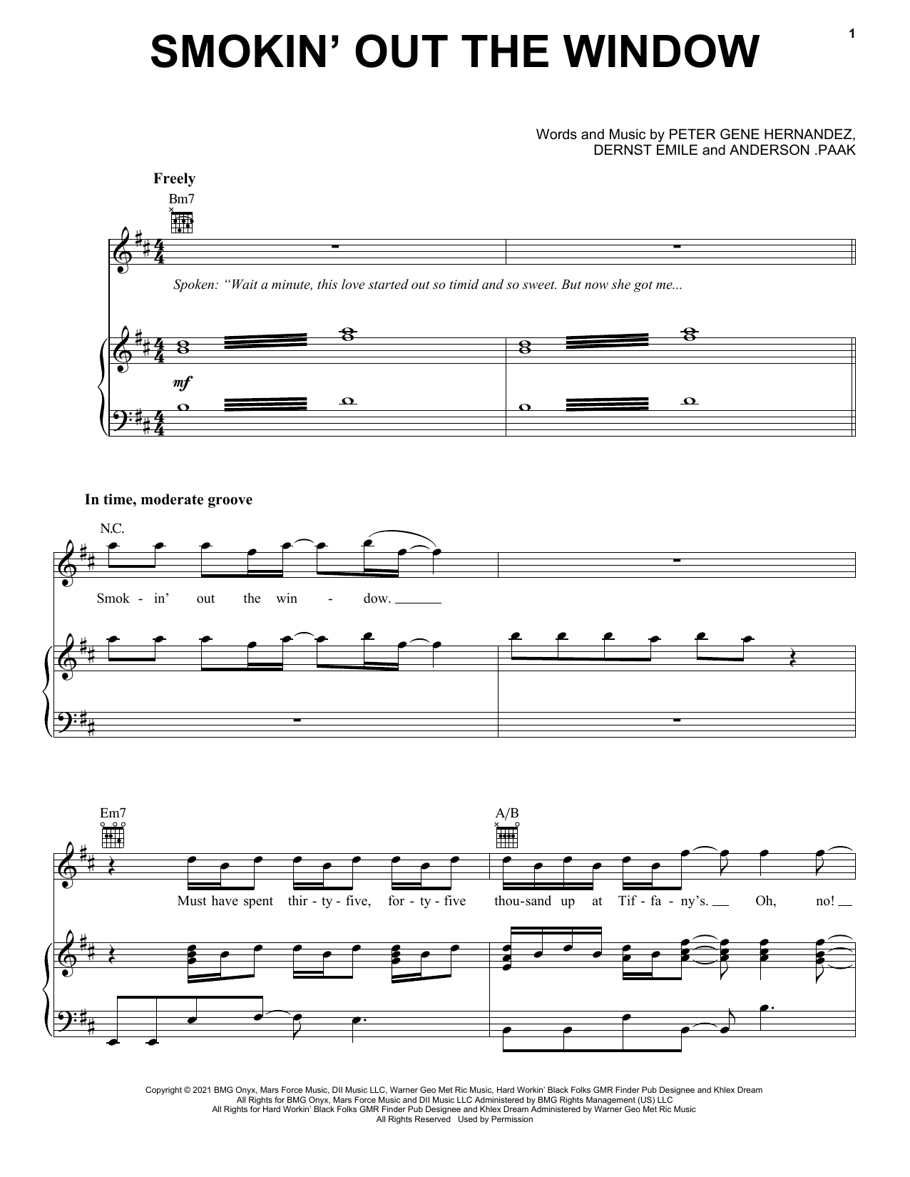 Silk Sonic Smokin Out The Window Sheet Music Notes & Chords for Piano, Vocal & Guitar Chords (Right-Hand Melody) - Download or Print PDF