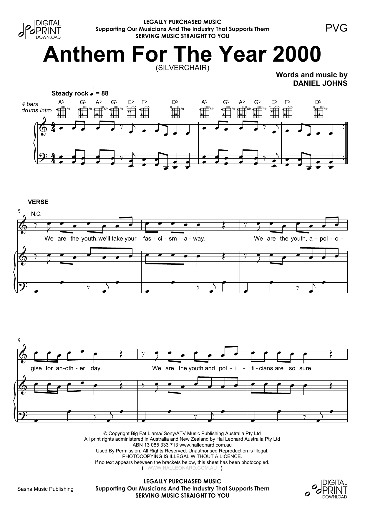Silverchair Anthem For The Year 2000 Sheet Music Notes & Chords for Piano, Vocal & Guitar (Right-Hand Melody) - Download or Print PDF