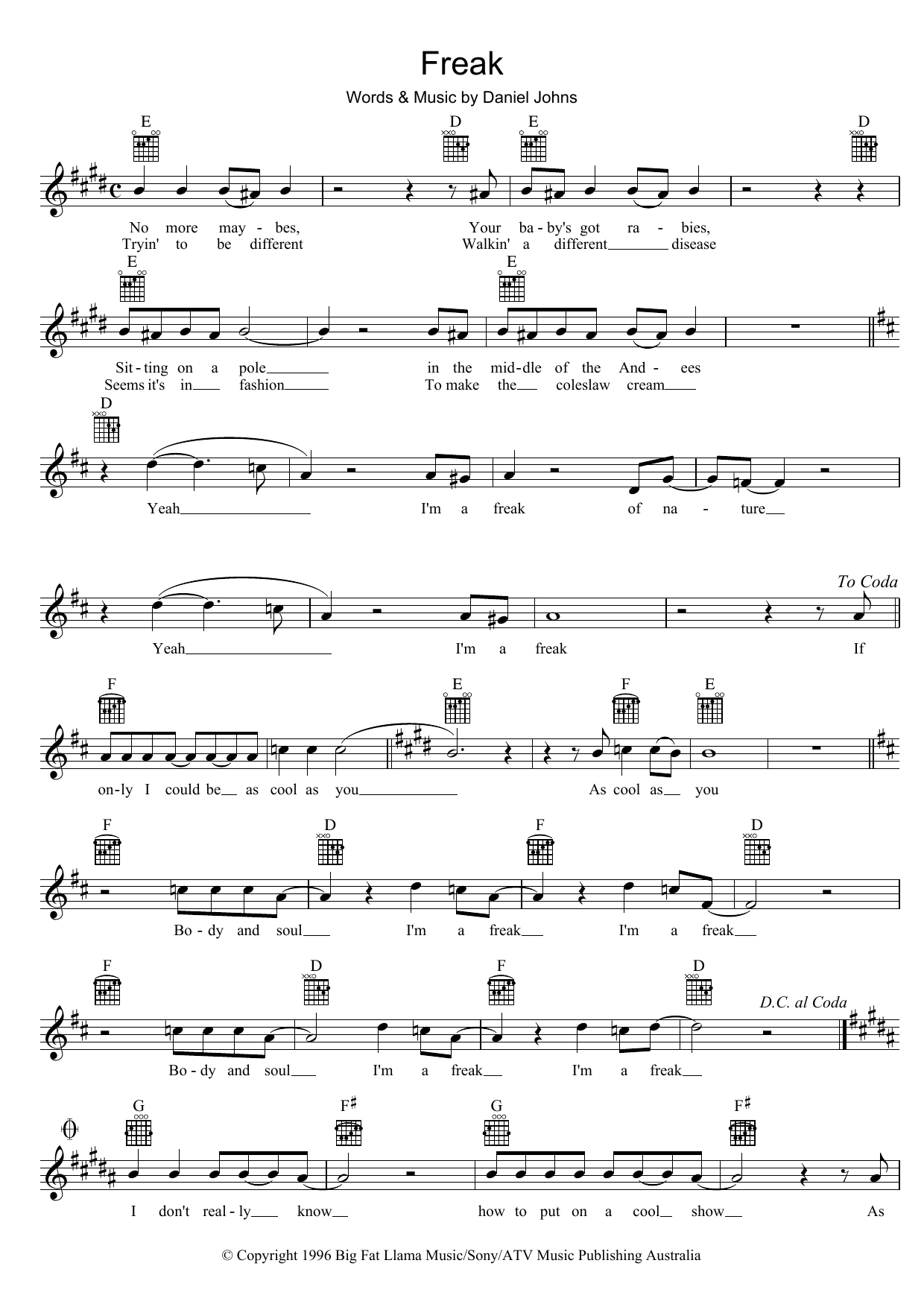 Silverchair Freak Sheet Music Notes & Chords for Melody Line, Lyrics & Chords - Download or Print PDF