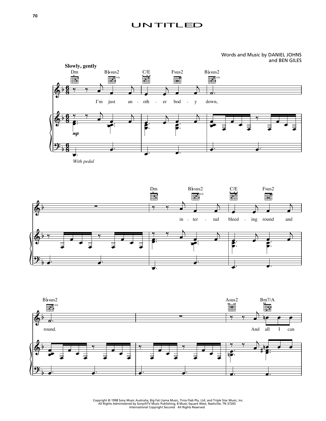 Silverchair Untitled (from Godzilla) Sheet Music Notes & Chords for Piano, Vocal & Guitar Chords (Right-Hand Melody) - Download or Print PDF