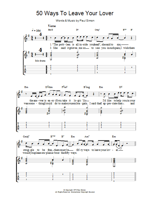 Simon & Garfunkel 50 Ways To Leave Your Lover Sheet Music Notes & Chords for Guitar Tab - Download or Print PDF