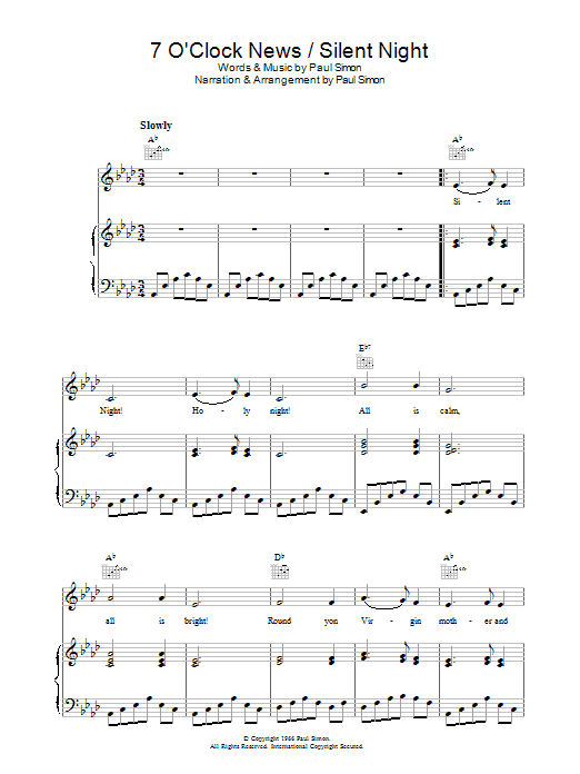 Simon & Garfunkel 7 O'Clock News/Silent Night Sheet Music Notes & Chords for Piano, Vocal & Guitar (Right-Hand Melody) - Download or Print PDF