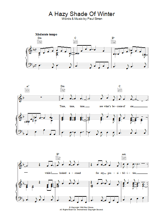 Simon & Garfunkel A Hazy Shade Of Winter Sheet Music Notes & Chords for Piano - Download or Print PDF