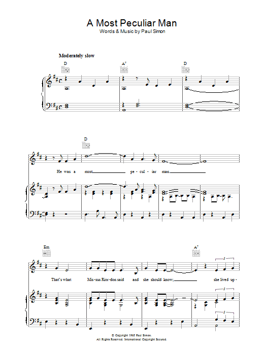 Simon & Garfunkel A Most Peculiar Man Sheet Music Notes & Chords for Piano, Vocal & Guitar (Right-Hand Melody) - Download or Print PDF