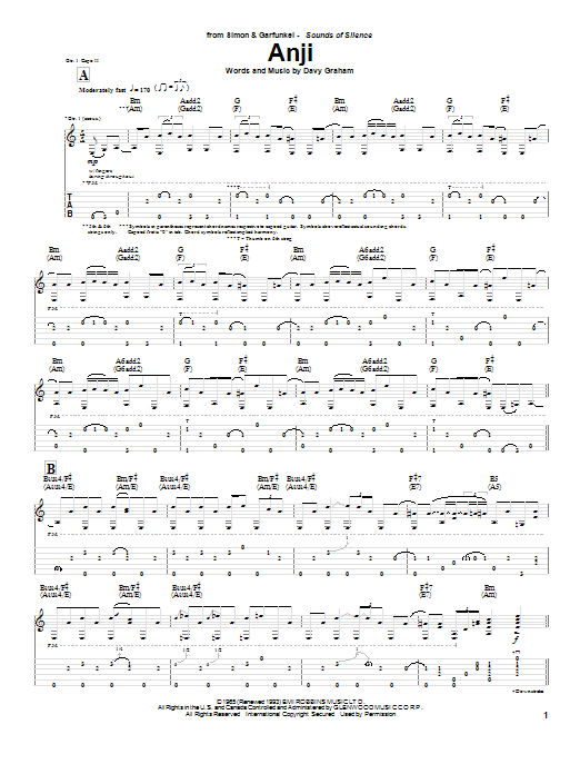 Simon & Garfunkel Anji Sheet Music Notes & Chords for Guitar Tab - Download or Print PDF
