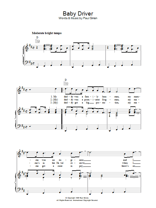 Simon & Garfunkel Baby Driver Sheet Music Notes & Chords for Lyrics & Piano Chords - Download or Print PDF