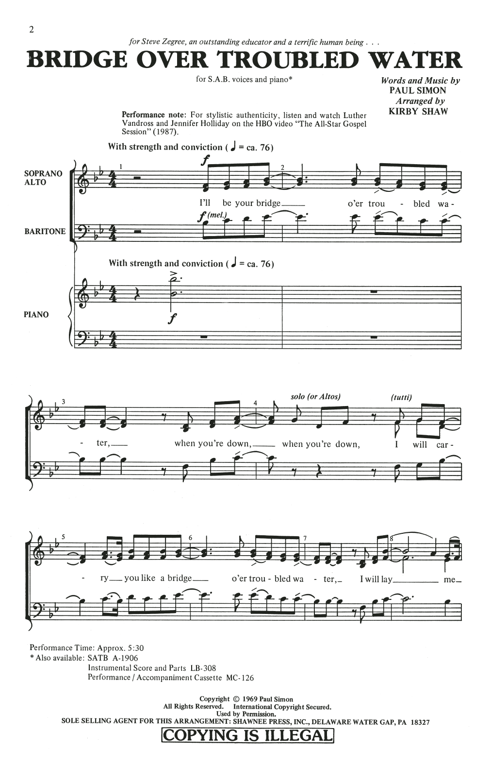 Simon & Garfunkel Bridge Over Troubled Water (arr. Kirby Shaw) Sheet Music Notes & Chords for SSA Choir - Download or Print PDF