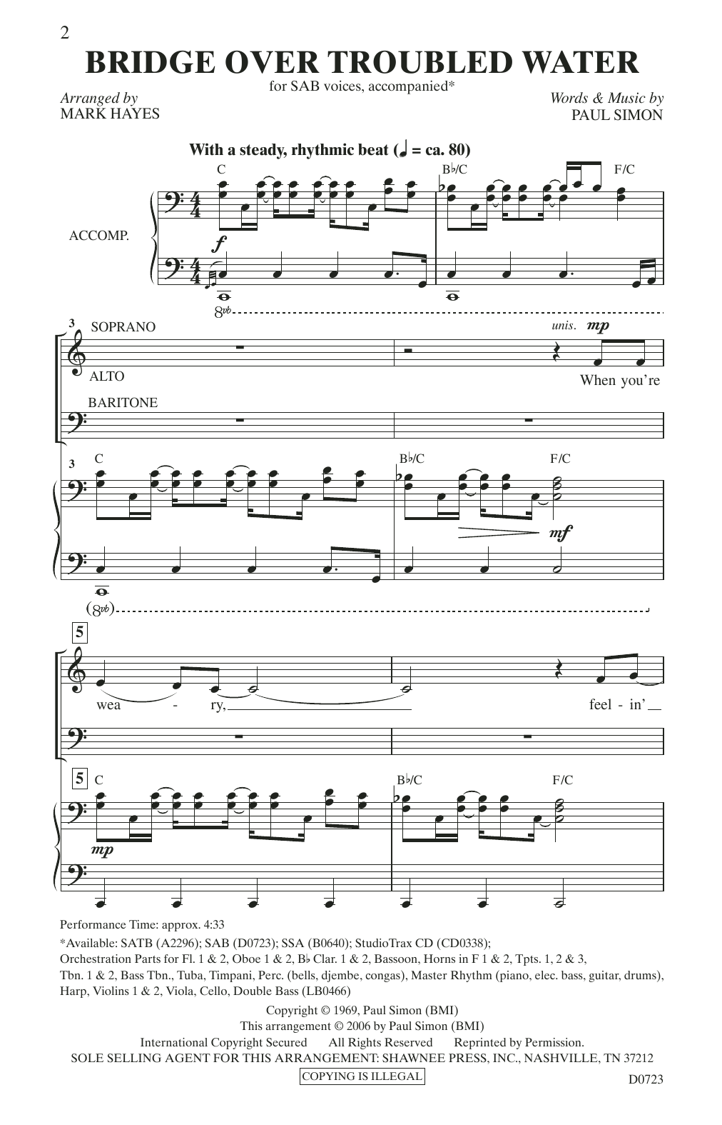 Simon & Garfunkel Bridge Over Troubled Water (arr. Mark Hayes) Sheet Music Notes & Chords for SAB Choir - Download or Print PDF