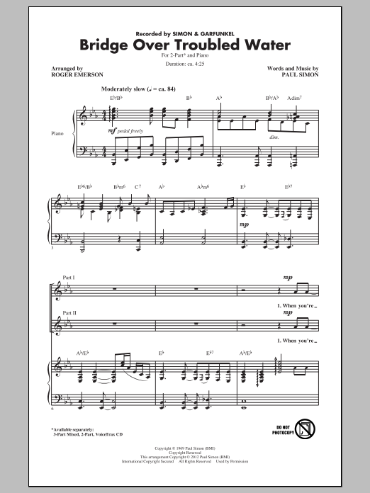 Simon & Garfunkel Bridge Over Troubled Water (arr. Roger Emerson) Sheet Music Notes & Chords for 2-Part Choir - Download or Print PDF