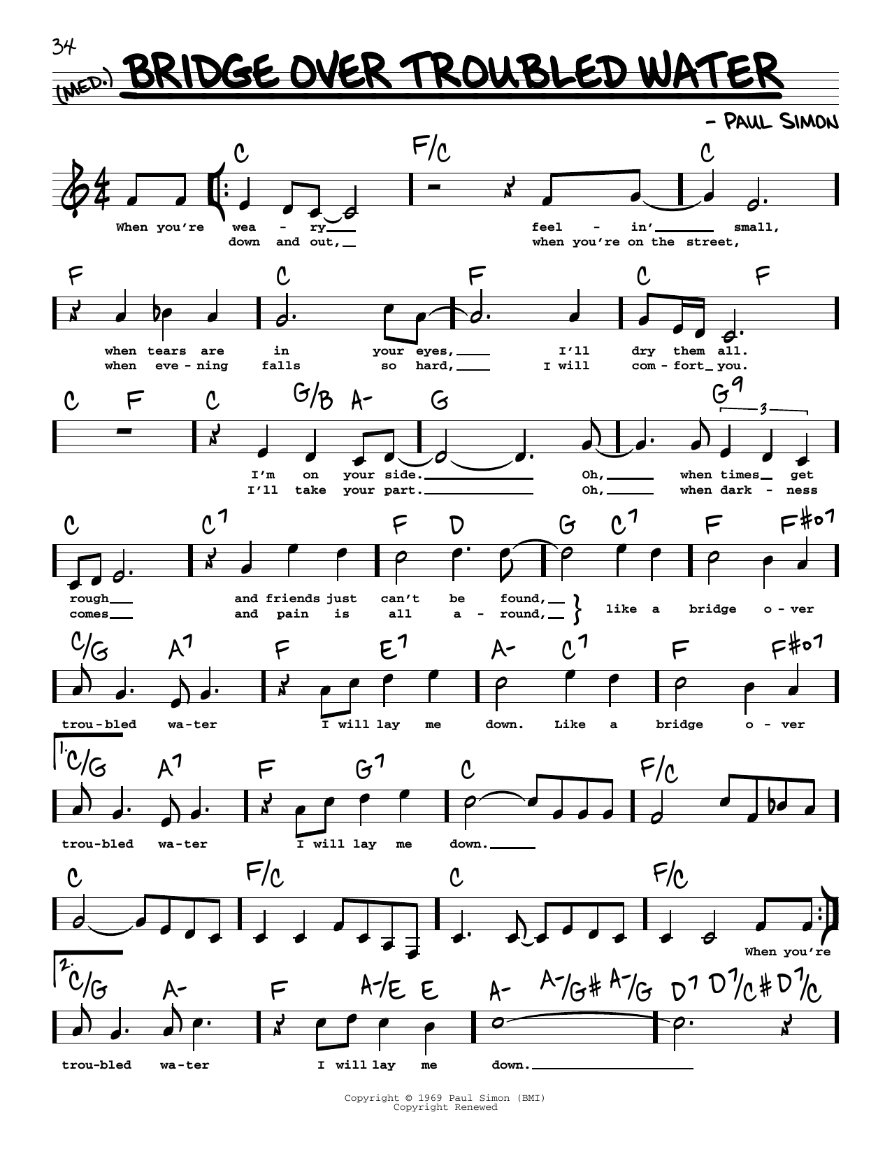 Simon & Garfunkel Bridge Over Troubled Water (High Voice) Sheet Music Notes & Chords for Real Book – Melody, Lyrics & Chords - Download or Print PDF