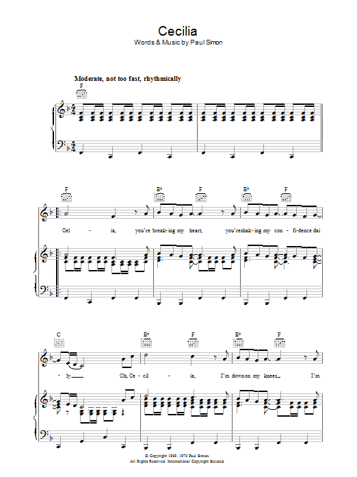 Simon & Garfunkel Cecilia Sheet Music Notes & Chords for Lyrics & Chords - Download or Print PDF