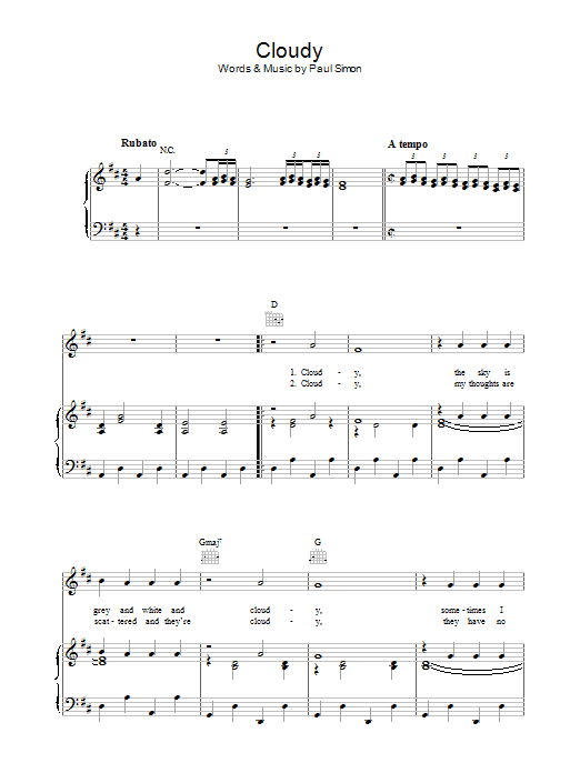 Simon & Garfunkel Cloudy Sheet Music Notes & Chords for Piano, Vocal & Guitar (Right-Hand Melody) - Download or Print PDF