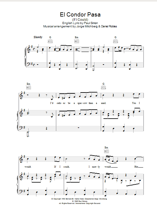 Simon & Garfunkel El Condor Pasa (If I Could) Sheet Music Notes & Chords for Lyrics & Piano Chords - Download or Print PDF