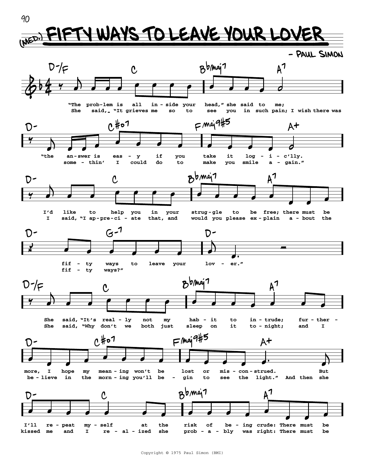 Simon & Garfunkel Fifty Ways To Leave Your Lover (High Voice) Sheet Music Notes & Chords for Real Book – Melody, Lyrics & Chords - Download or Print PDF