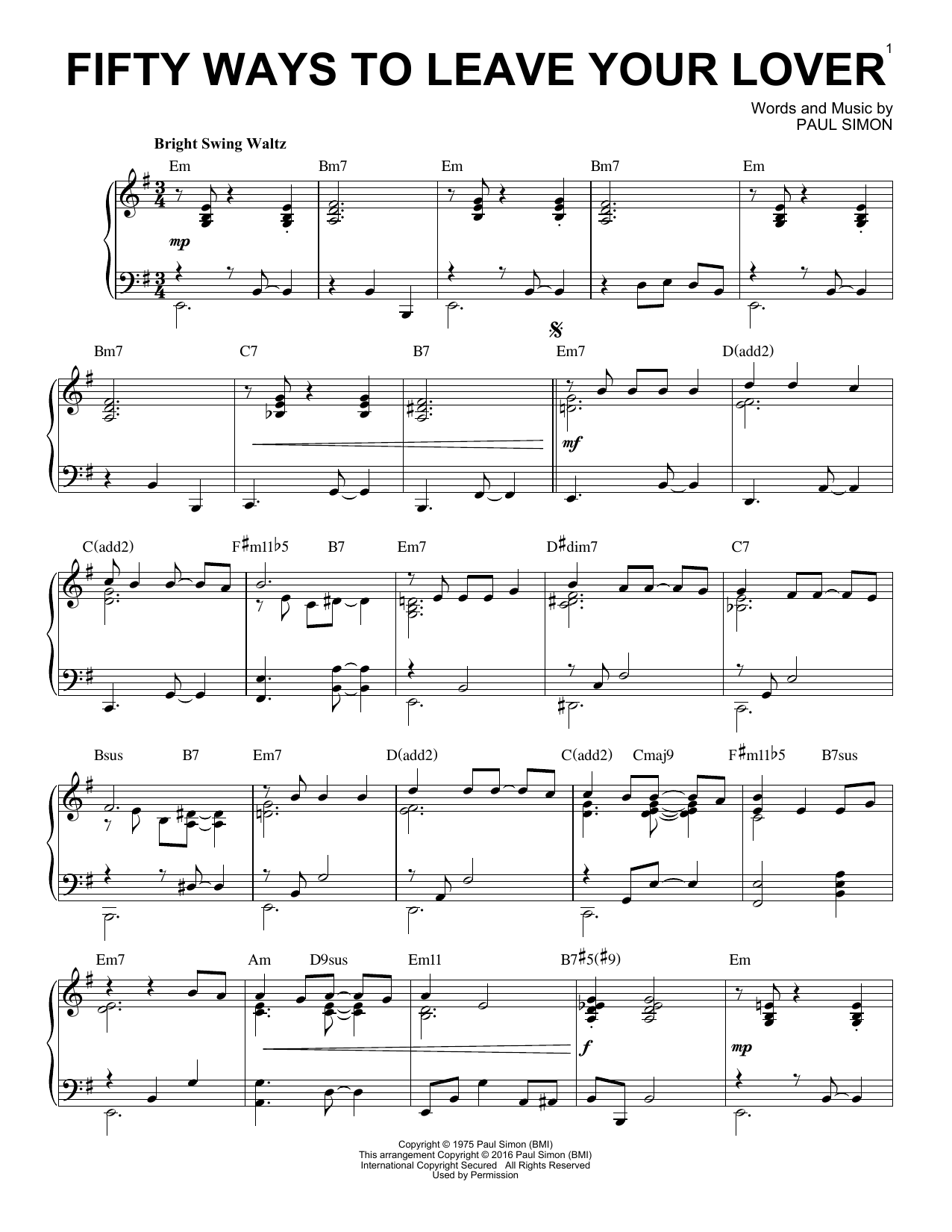 Simon & Garfunkel Fifty Ways To Leave Your Lover [Jazz version] (arr. Brent Edstrom) Sheet Music Notes & Chords for Piano - Download or Print PDF
