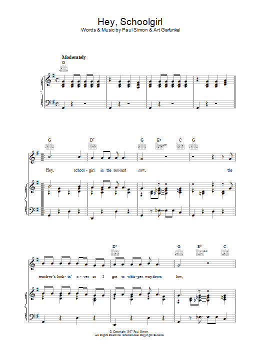 Simon & Garfunkel Hey Schoolgirl Sheet Music Notes & Chords for Piano, Vocal & Guitar (Right-Hand Melody) - Download or Print PDF