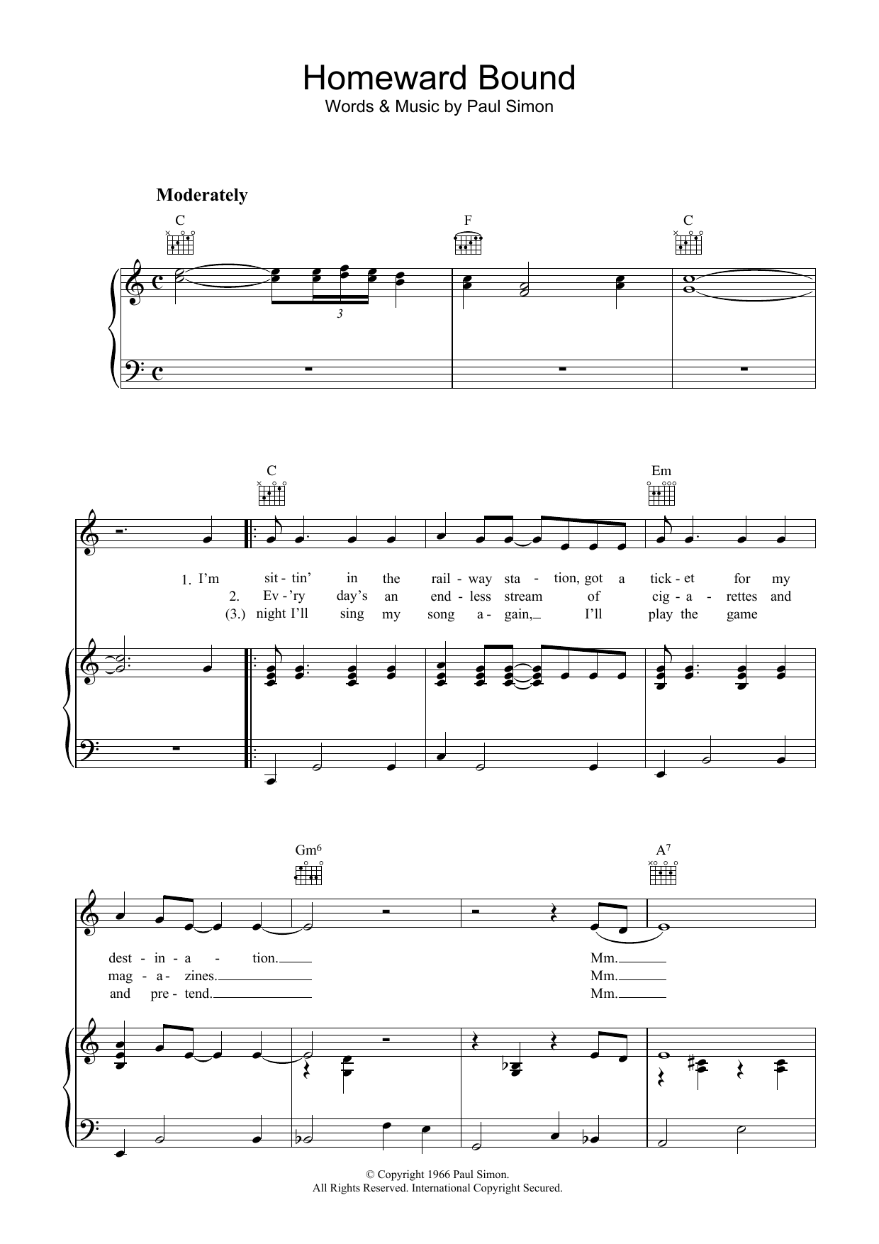 Simon & Garfunkel Homeward Bound Sheet Music Notes & Chords for Piano Chords/Lyrics - Download or Print PDF