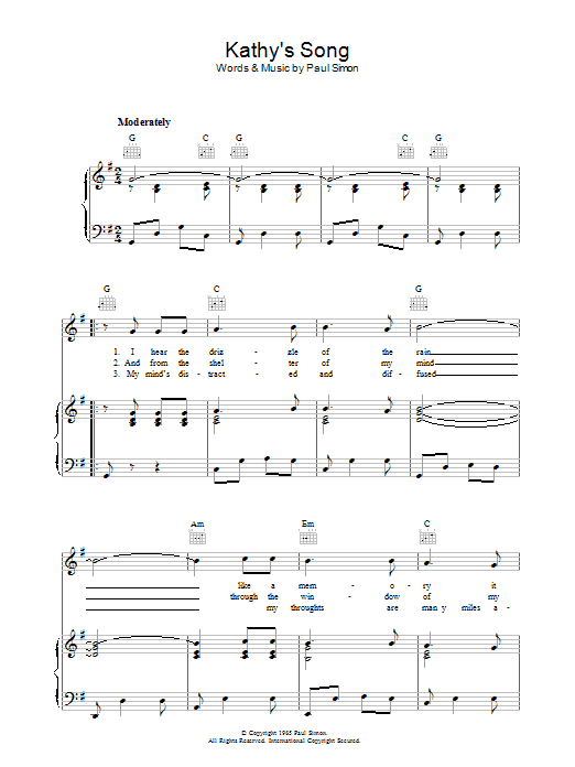 Simon & Garfunkel Kathy's Song Sheet Music Notes & Chords for Lyrics & Chords - Download or Print PDF