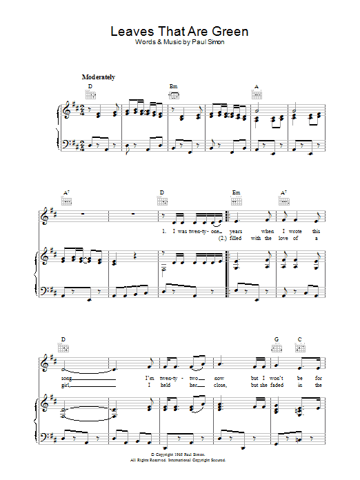 Simon & Garfunkel Leaves That Are Green Sheet Music Notes & Chords for Lyrics & Chords - Download or Print PDF