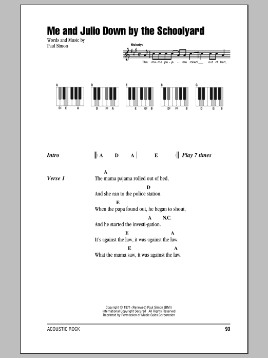 Simon & Garfunkel Me And Julio Down By The Schoolyard Sheet Music Notes & Chords for Lyrics & Piano Chords - Download or Print PDF