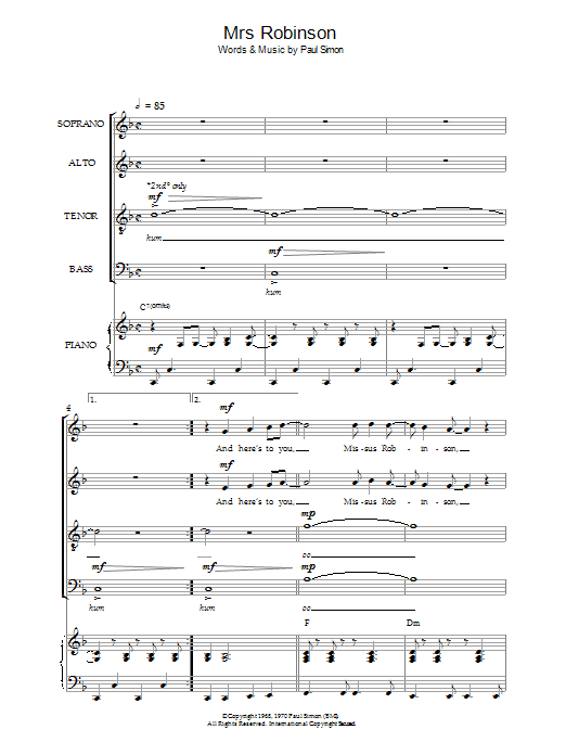 Simon & Garfunkel Mrs. Robinson (arr. Jeremy Birchall) Sheet Music Notes & Chords for SATB - Download or Print PDF