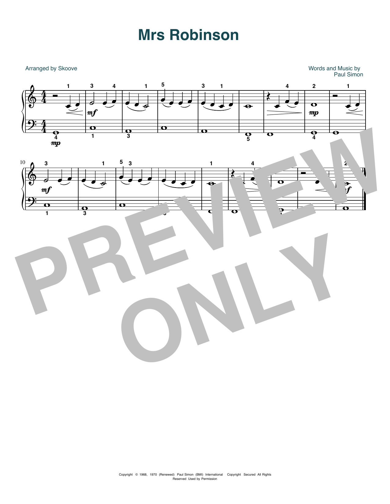 Simon & Garfunkel Mrs. Robinson (arr. Skoove) Sheet Music Notes & Chords for Beginner Piano (Abridged) - Download or Print PDF