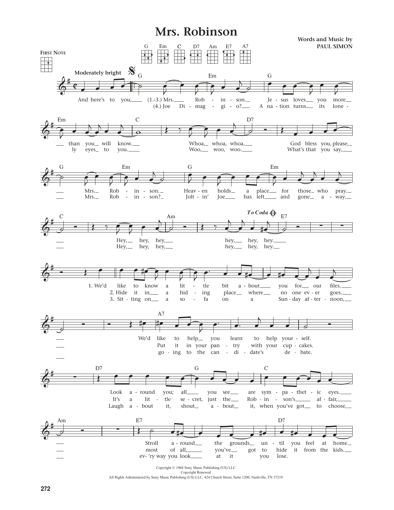 Simon & Garfunkel Mrs. Robinson (from The Daily Ukulele) (arr. Jim Beloff) Sheet Music Notes & Chords for Ukulele - Download or Print PDF