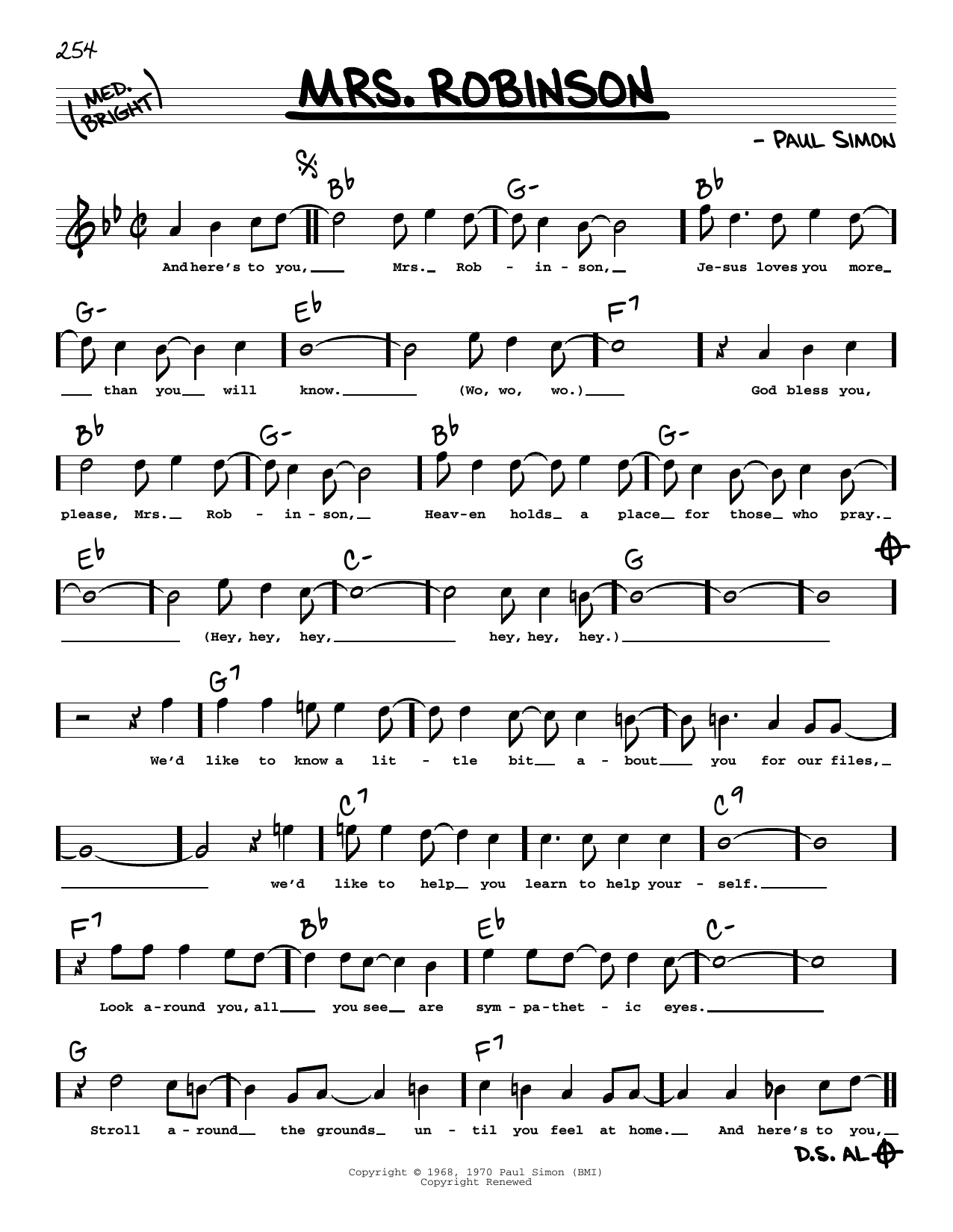 Simon & Garfunkel Mrs. Robinson (High Voice) (from The Graduate) Sheet Music Notes & Chords for Real Book – Melody, Lyrics & Chords - Download or Print PDF