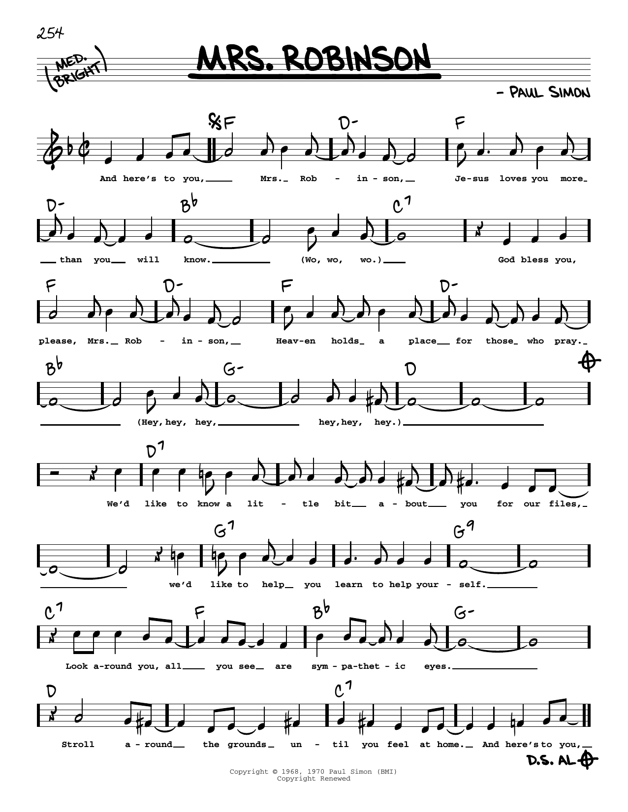 Simon & Garfunkel Mrs. Robinson (Low Voice) Sheet Music Notes & Chords for Real Book – Melody, Lyrics & Chords - Download or Print PDF