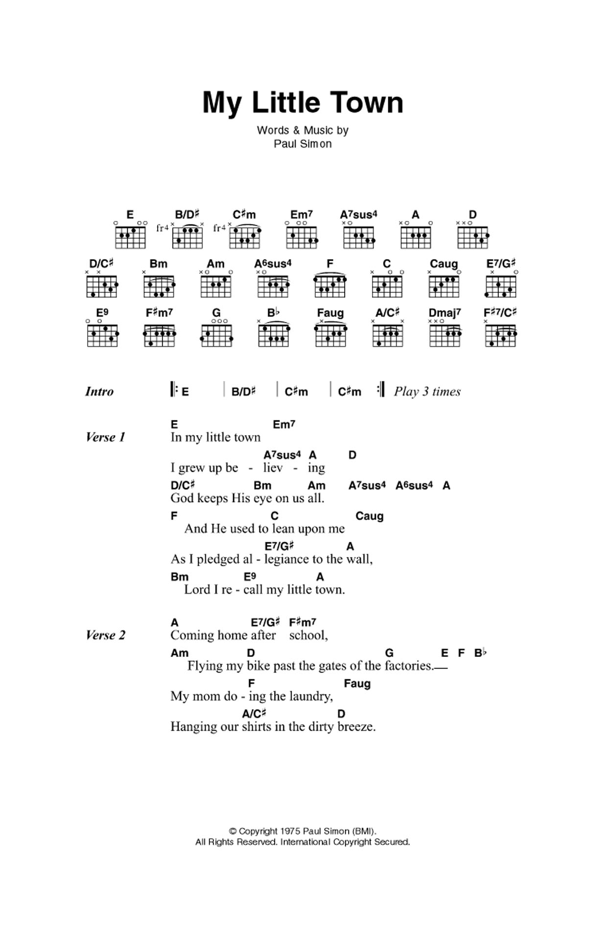 Simon & Garfunkel My Little Town Sheet Music Notes & Chords for Guitar Chords/Lyrics - Download or Print PDF