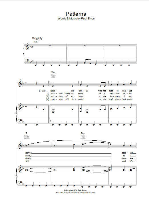 Simon & Garfunkel Patterns Sheet Music Notes & Chords for Piano, Vocal & Guitar (Right-Hand Melody) - Download or Print PDF