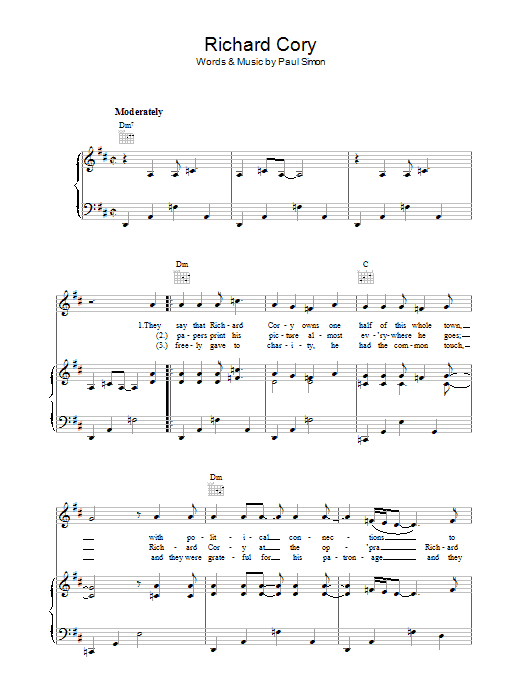 Simon & Garfunkel Richard Cory Sheet Music Notes & Chords for Piano, Vocal & Guitar (Right-Hand Melody) - Download or Print PDF